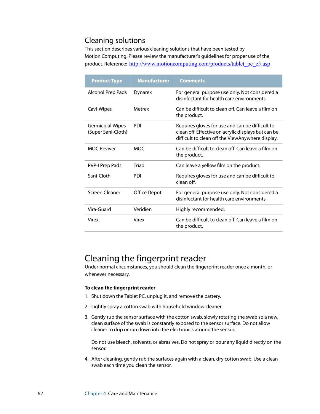 Motion Computing J3400, HC334227332 Cleaning the fingerprint reader, Cleaning solutions, To clean the fingerprint reader 