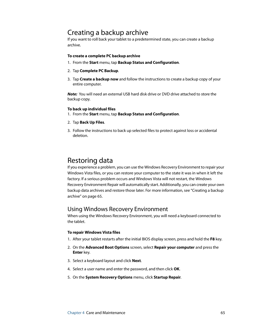 Motion Computing HC334227332, J3400 manual Creating a backup archive, Restoring data, Using Windows Recovery Environment 