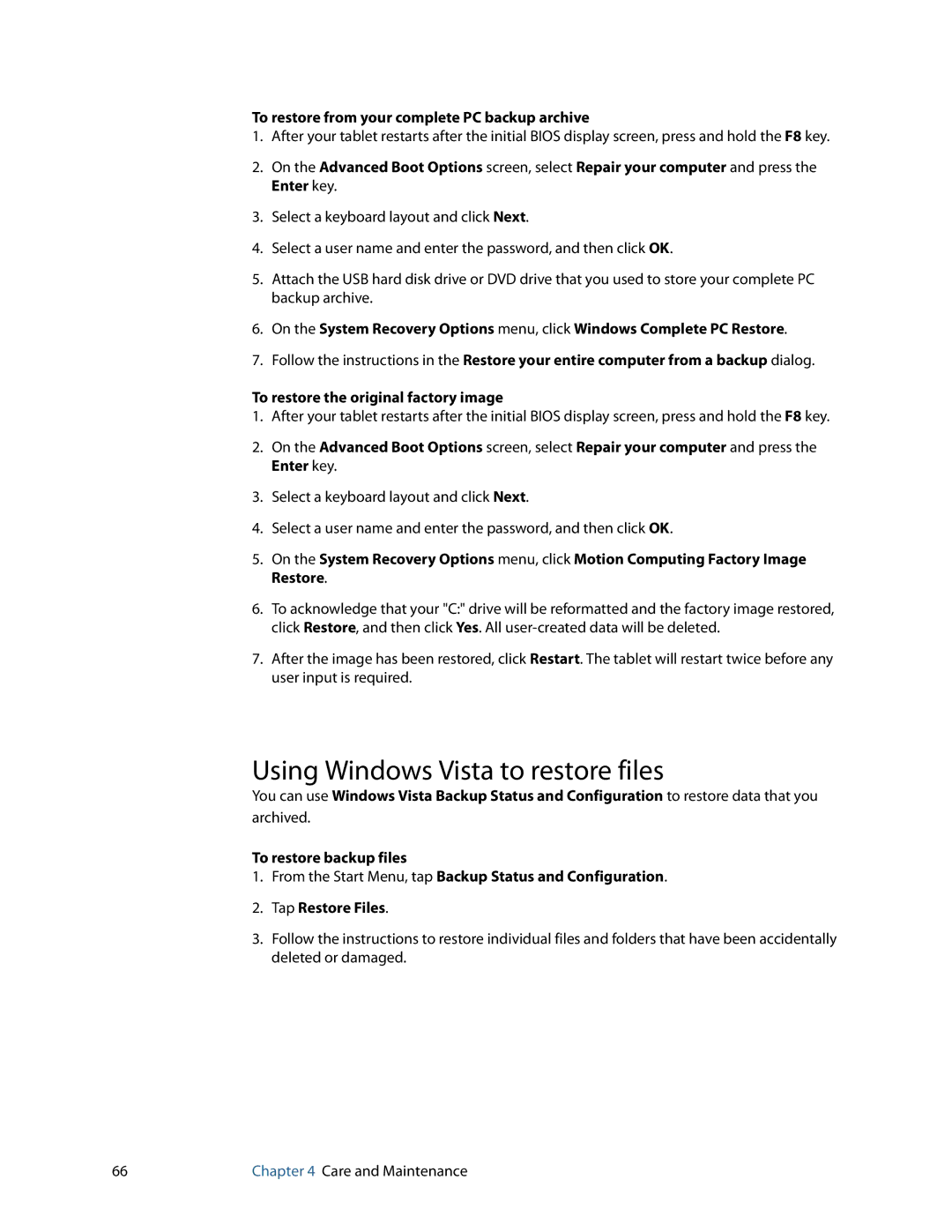 Motion Computing J3400, HC334227332 Using Windows Vista to restore files, To restore from your complete PC backup archive 