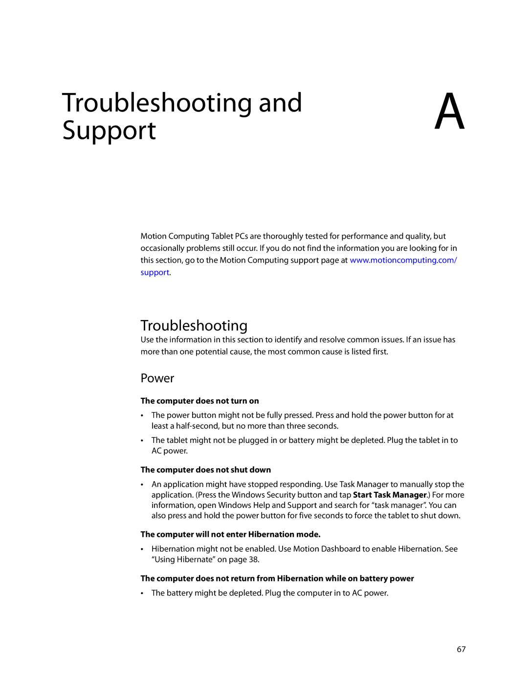 Motion Computing HC334227332, J3400 manual Troubleshooting, Power, Computer does not turn on, Computer does not shut down 