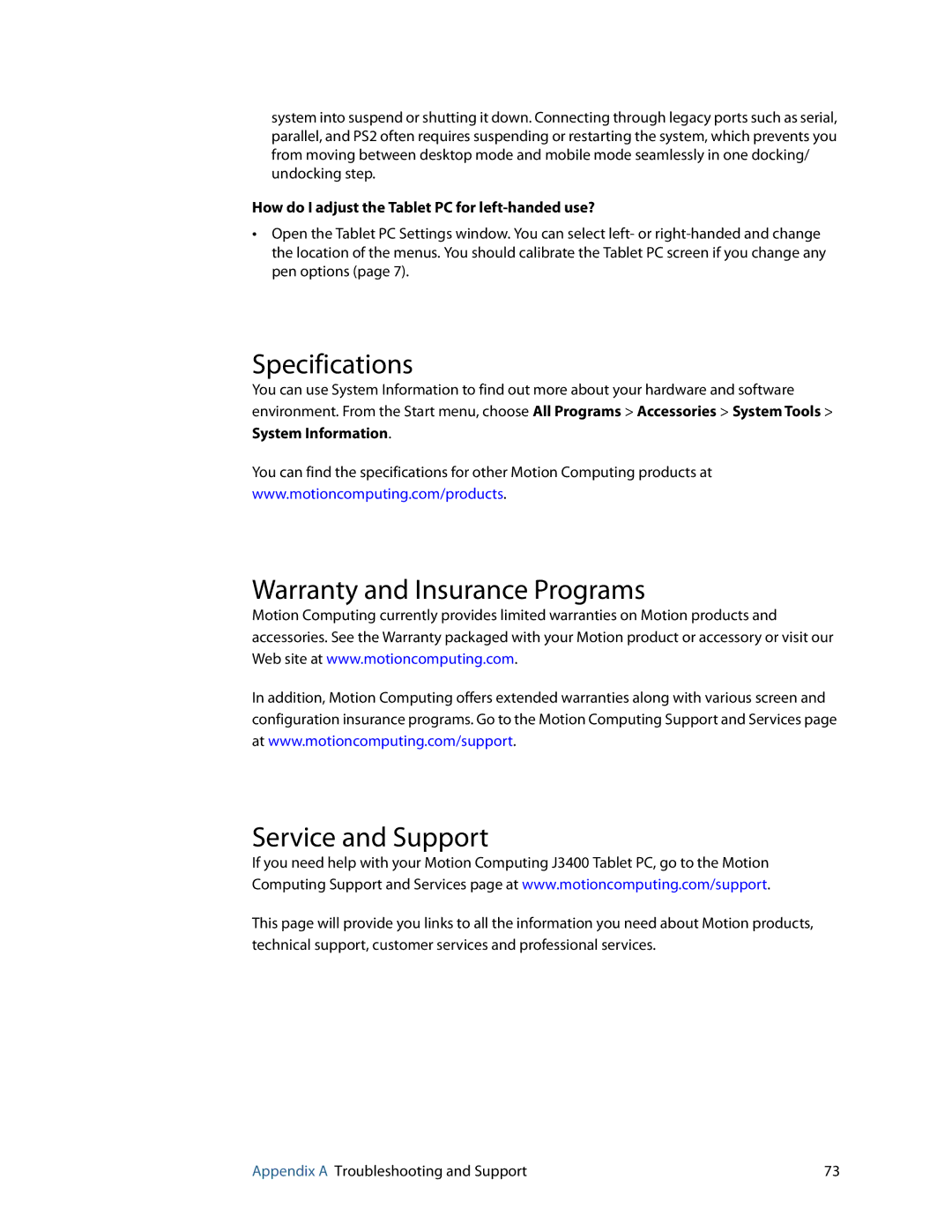 Motion Computing HC334227332 manual Specifications, Warranty and Insurance Programs Service and Support, System Information 