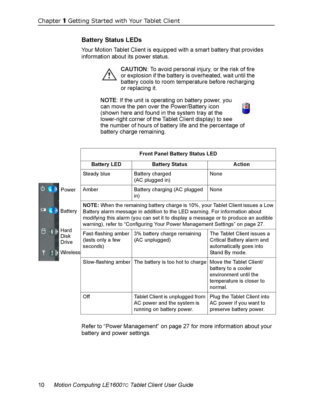 Motion Computing LE1600TC, AB52242 manual Battery Status LEDs, Front Panel Battery Status LED Battery LED Action 
