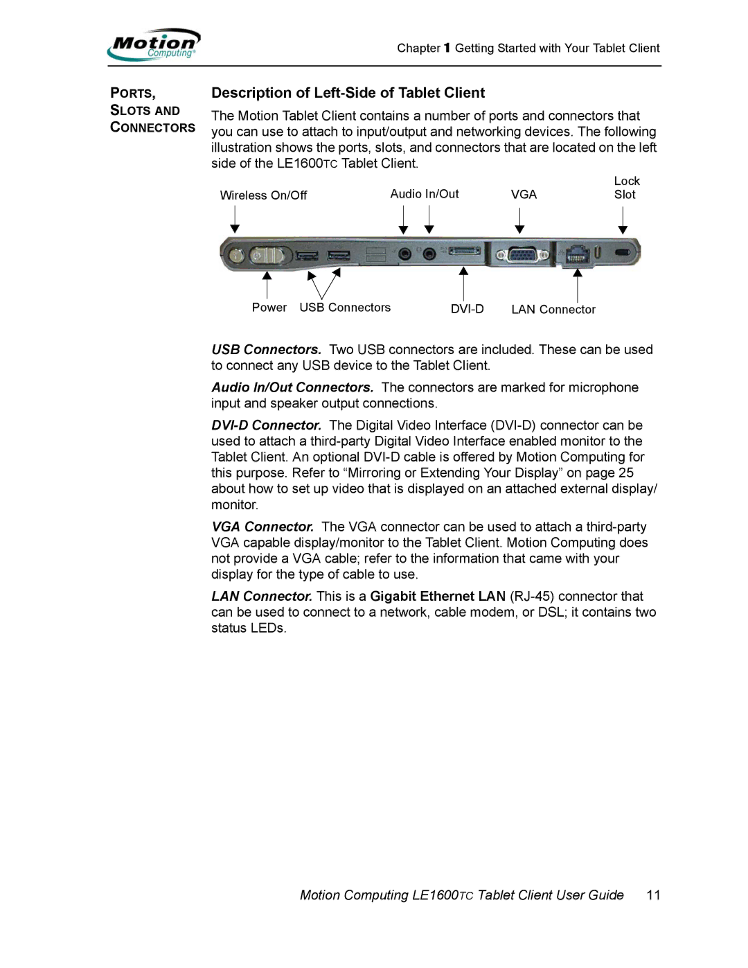 Motion Computing AB52242, LE1600TC manual Description of Left-Side of Tablet Client 