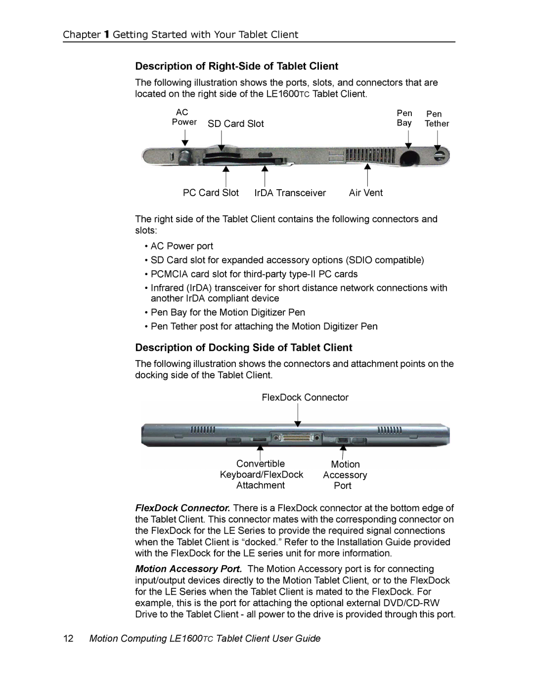 Motion Computing LE1600TC manual Description of Right-Side of Tablet Client, Description of Docking Side of Tablet Client 