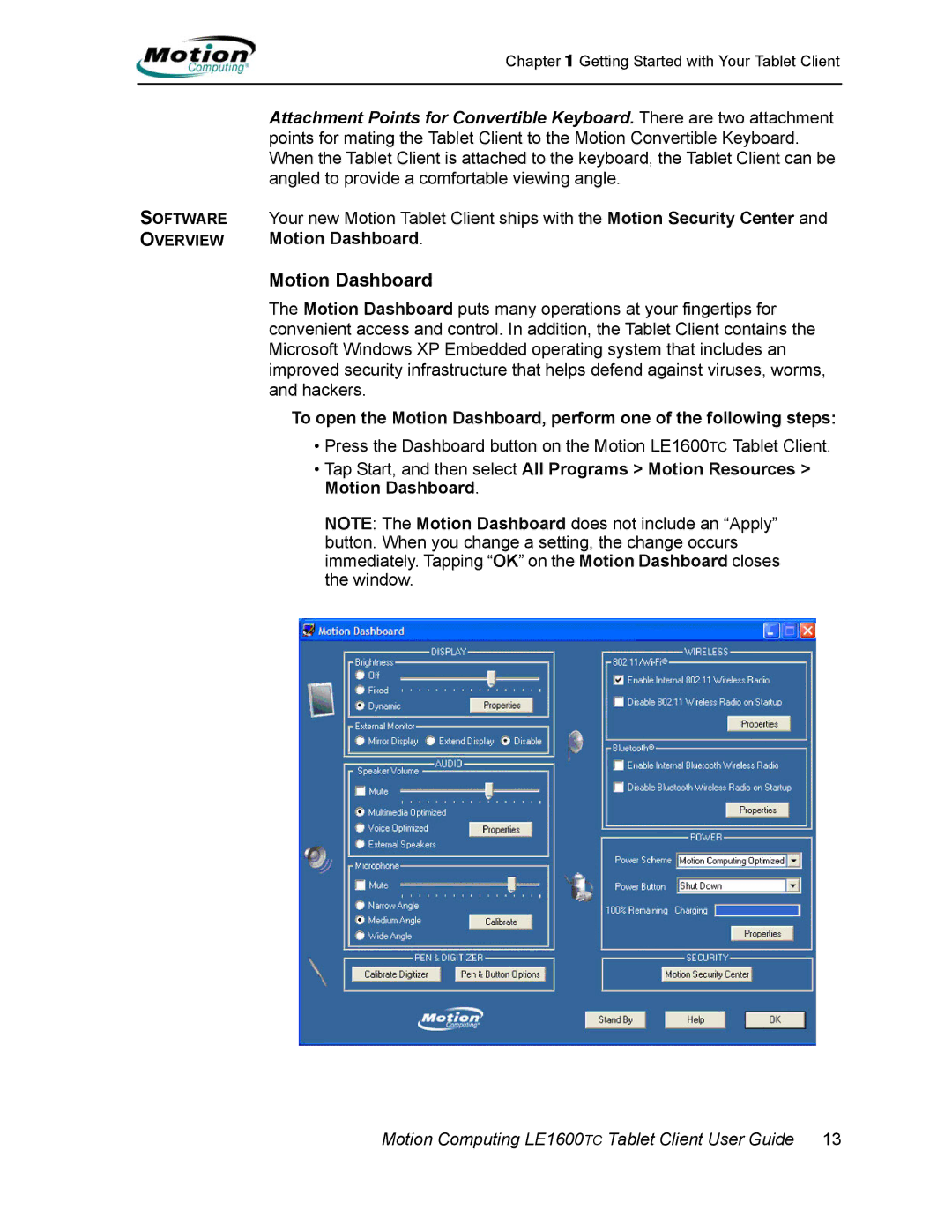 Motion Computing AB52242, LE1600TC manual Motion Dashboard 