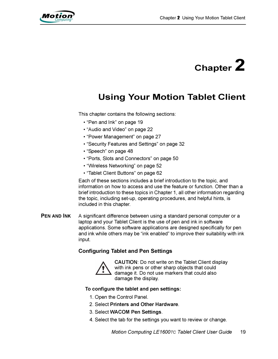 Motion Computing AB52242, LE1600TC manual Configuring Tablet and Pen Settings, To configure the tablet and pen settings 