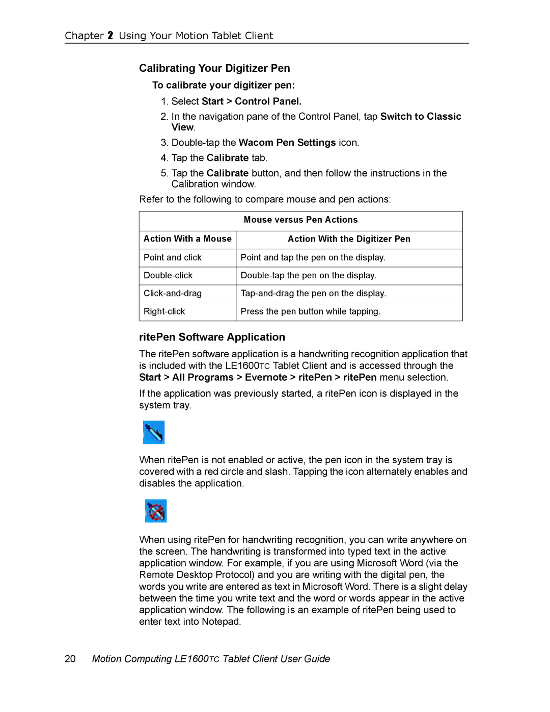 Motion Computing LE1600TC, AB52242 manual Calibrating Your Digitizer Pen, RitePen Software Application 