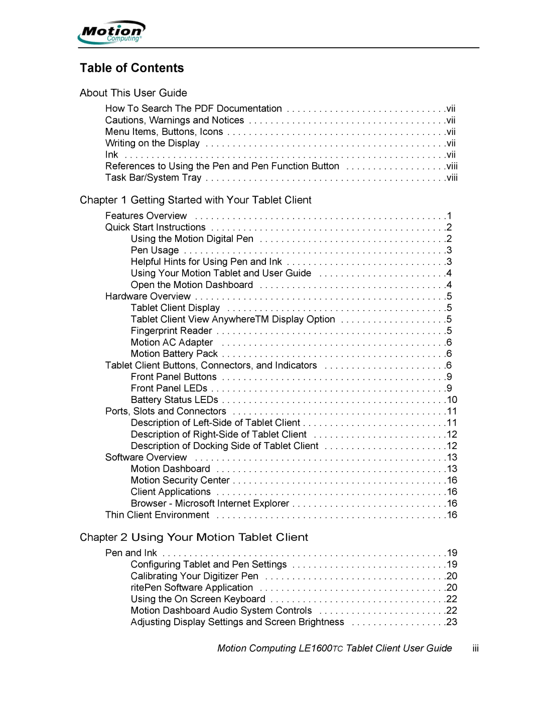 Motion Computing AB52242, LE1600TC manual Table of Contents 