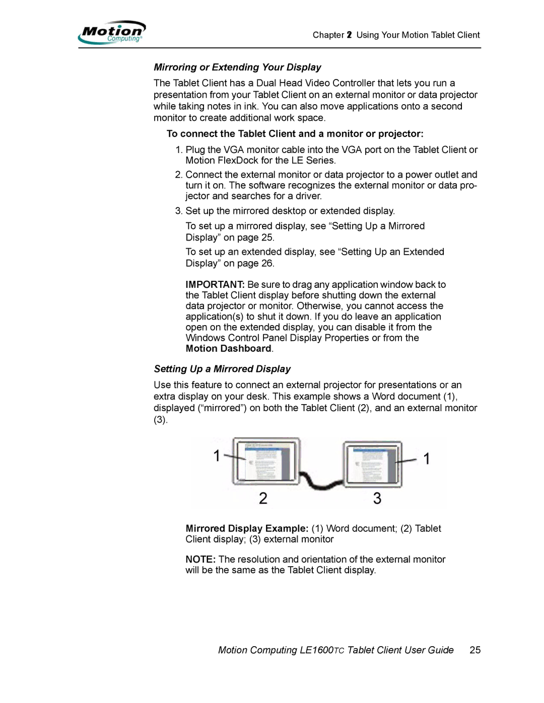 Motion Computing AB52242 Mirroring or Extending Your Display, To connect the Tablet Client and a monitor or projector 