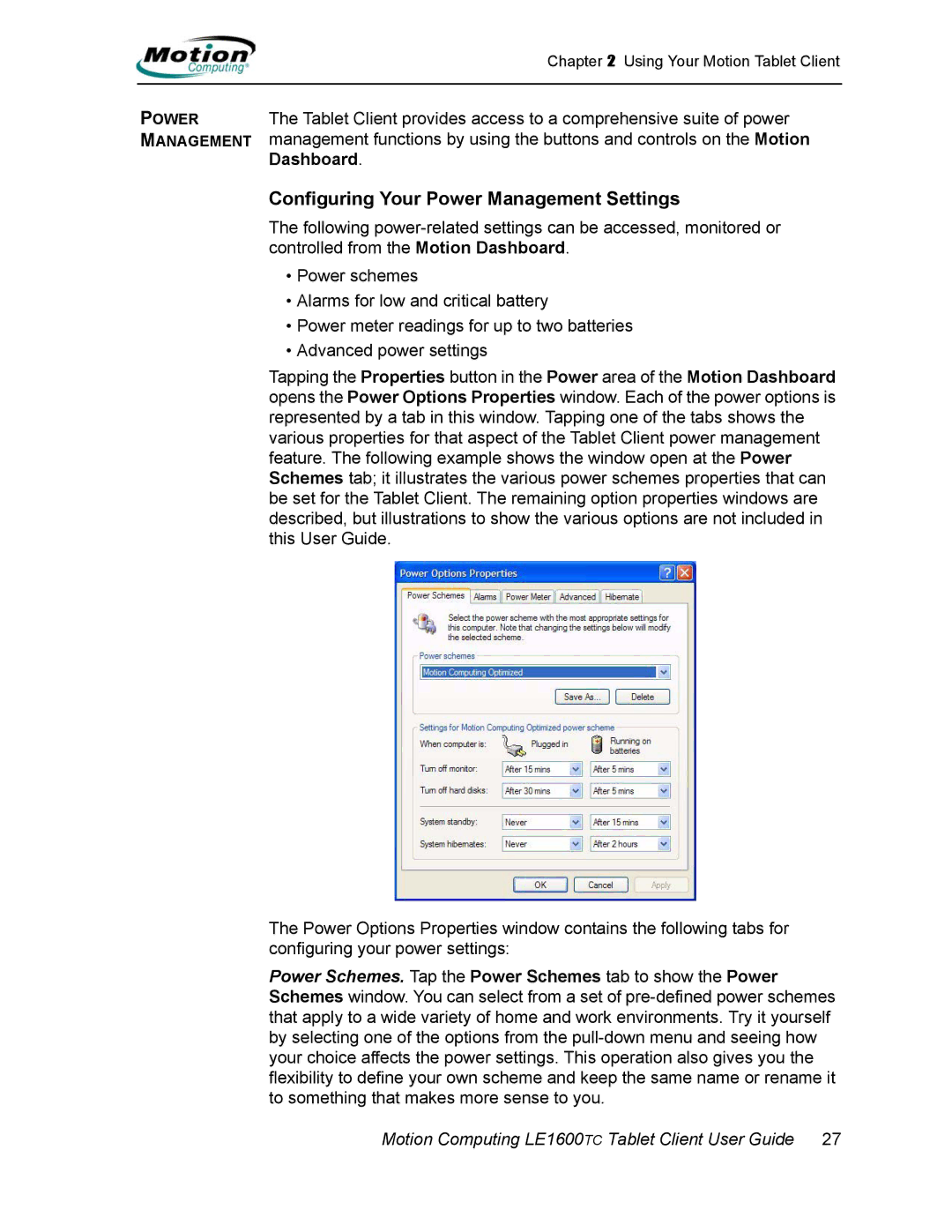 Motion Computing AB52242, LE1600TC manual Configuring Your Power Management Settings 