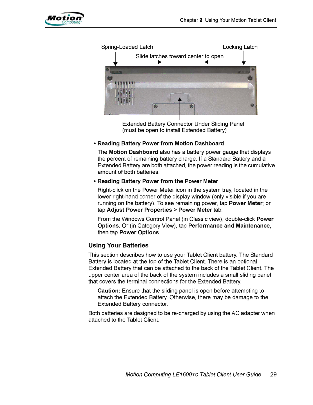 Motion Computing AB52242, LE1600TC manual Using Your Batteries, Reading Battery Power from Motion Dashboard 