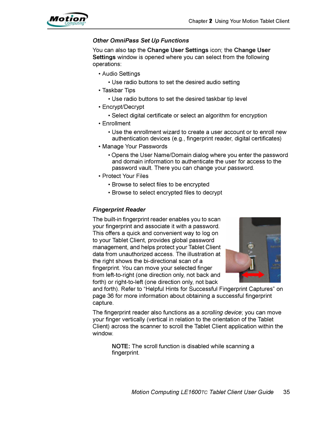 Motion Computing AB52242, LE1600TC manual Other OmniPass Set Up Functions, Fingerprint Reader 