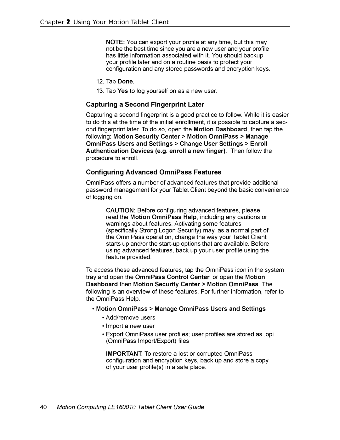 Motion Computing LE1600TC, AB52242 manual Capturing a Second Fingerprint Later, Configuring Advanced OmniPass Features 