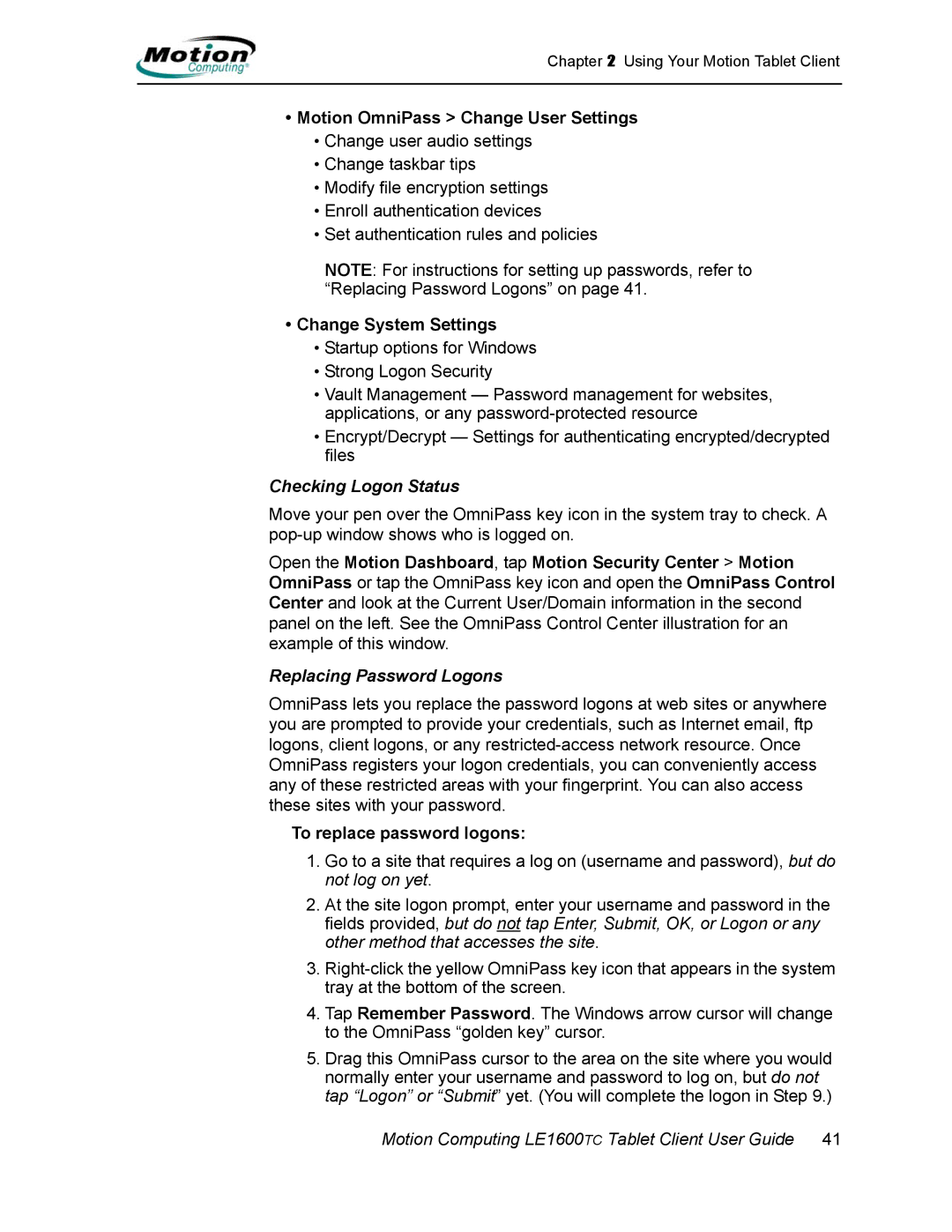 Motion Computing AB52242, LE1600TC Motion OmniPass Change User Settings, Change System Settings, Checking Logon Status 