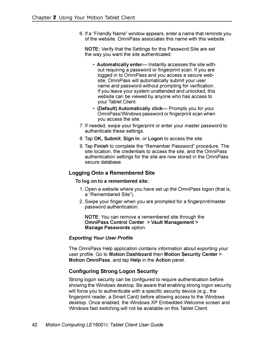 Motion Computing LE1600TC Logging Onto a Remembered Site, Configuring Strong Logon Security, Exporting Your User Profile 