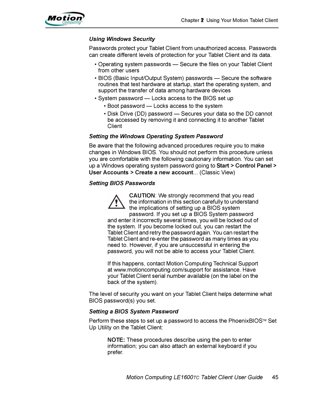 Motion Computing AB52242 Using Windows Security, Setting the Windows Operating System Password, Setting Bios Passwords 