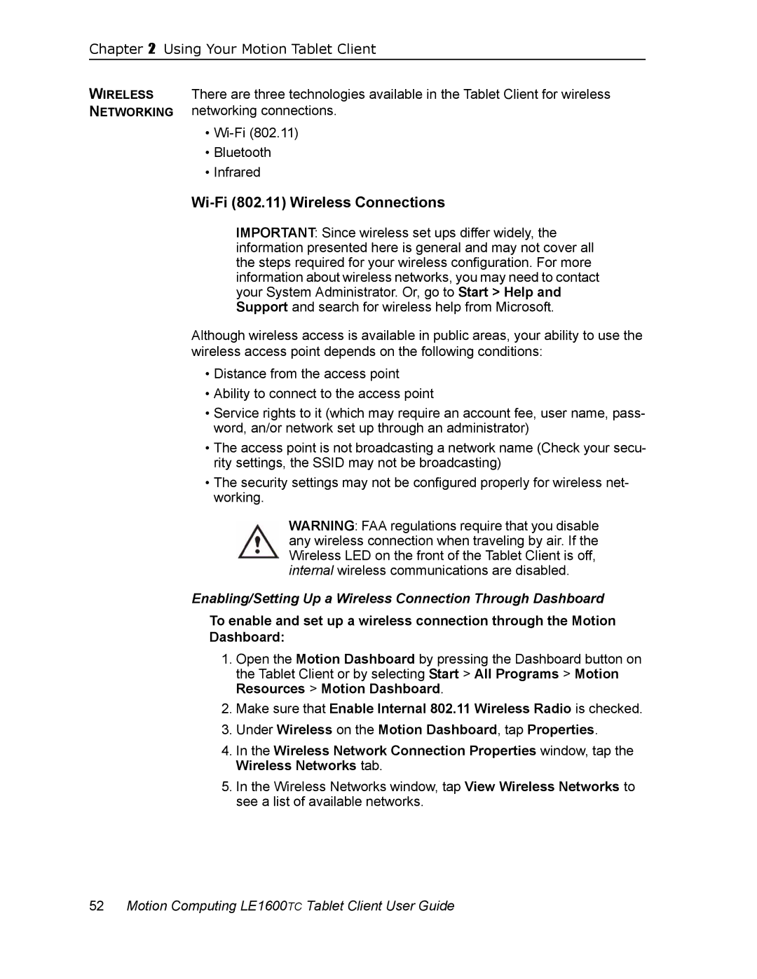 Motion Computing LE1600TC Wi-Fi 802.11 Wireless Connections, Enabling/Setting Up a Wireless Connection Through Dashboard 