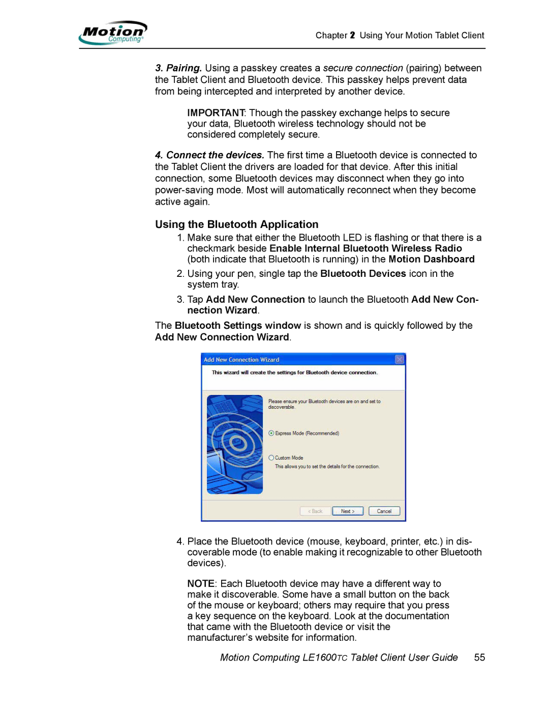 Motion Computing AB52242, LE1600TC manual Using the Bluetooth Application, Add New Connection Wizard 