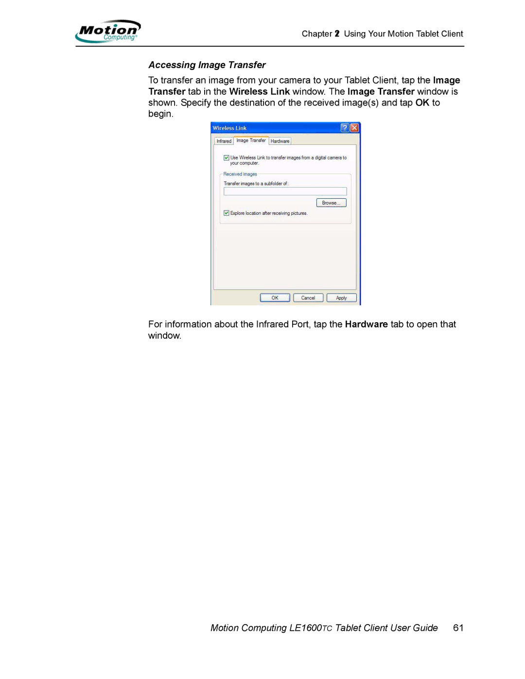 Motion Computing AB52242, LE1600TC manual Accessing Image Transfer 
