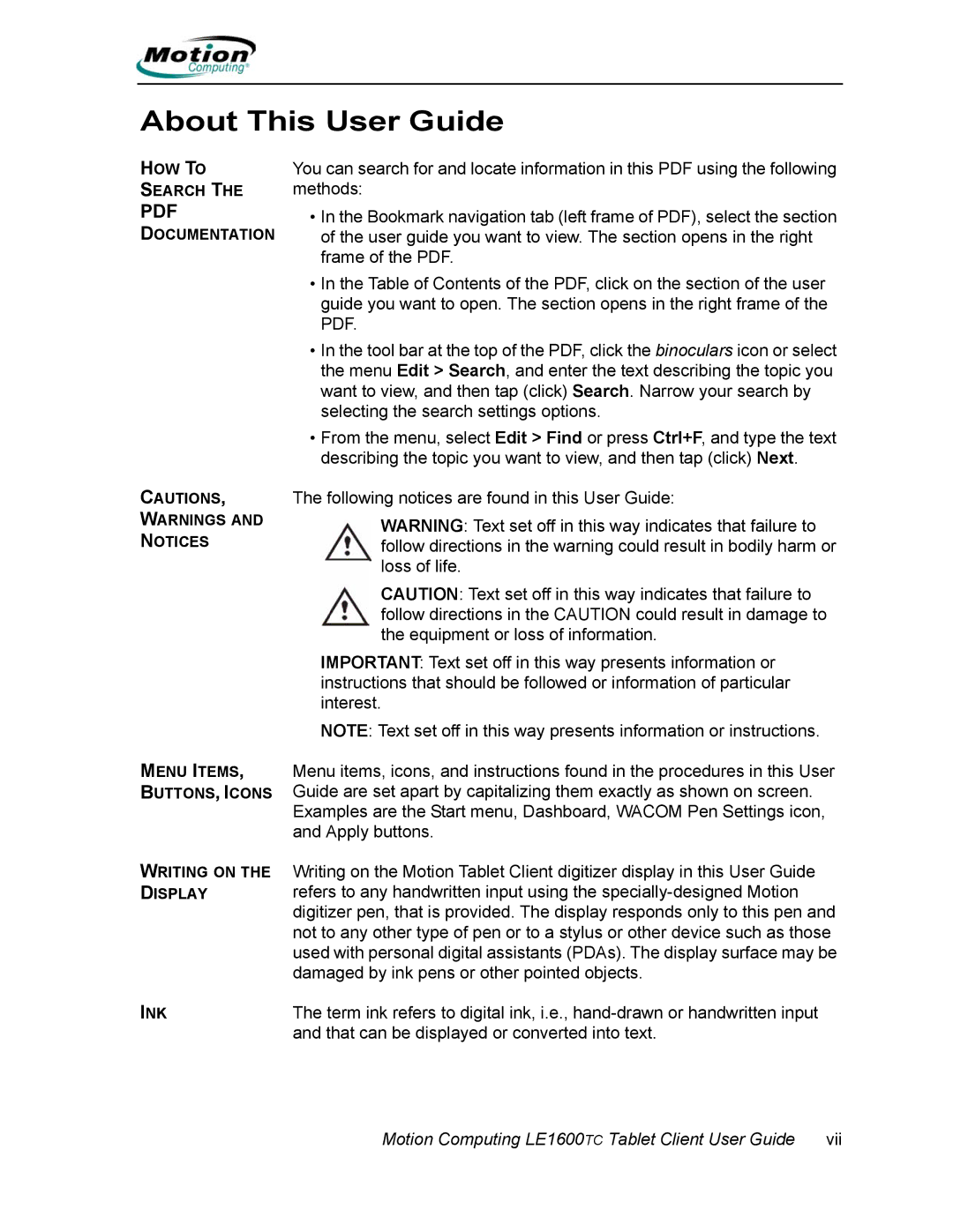 Motion Computing AB52242, LE1600TC manual About This User Guide 