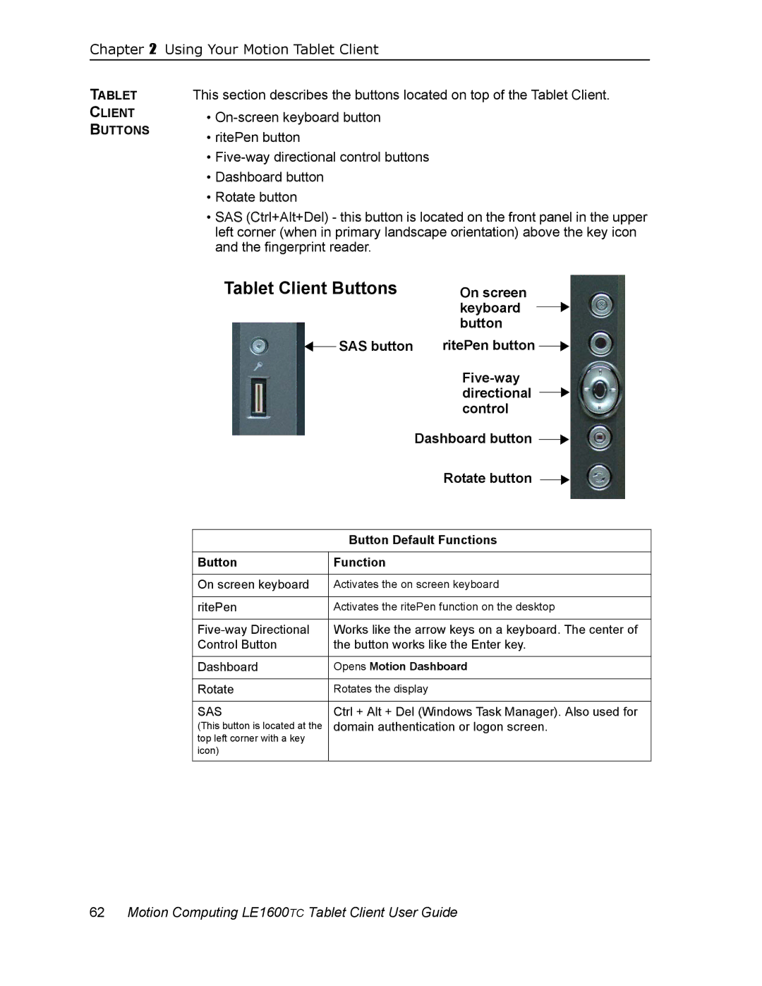 Motion Computing LE1600TC, AB52242 manual On screen, Keyboard, Button, SAS button, Five-way 