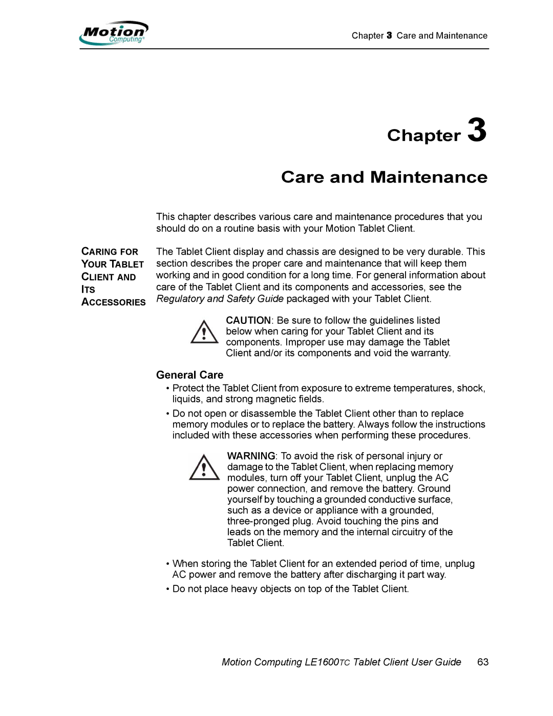 Motion Computing AB52242, LE1600TC manual Chapter Care and Maintenance, General Care 