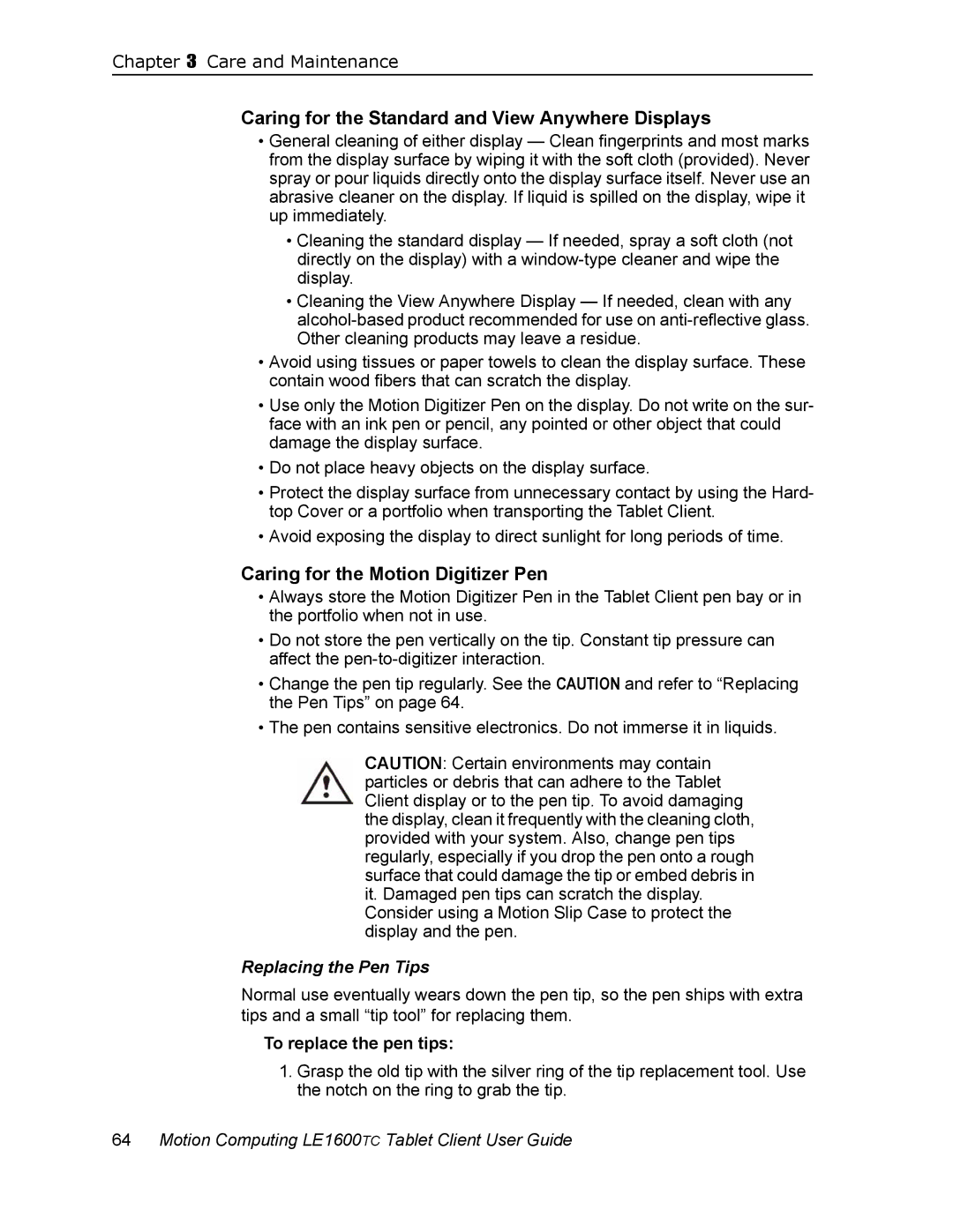 Motion Computing LE1600TC, AB52242 Caring for the Standard and View Anywhere Displays, Caring for the Motion Digitizer Pen 