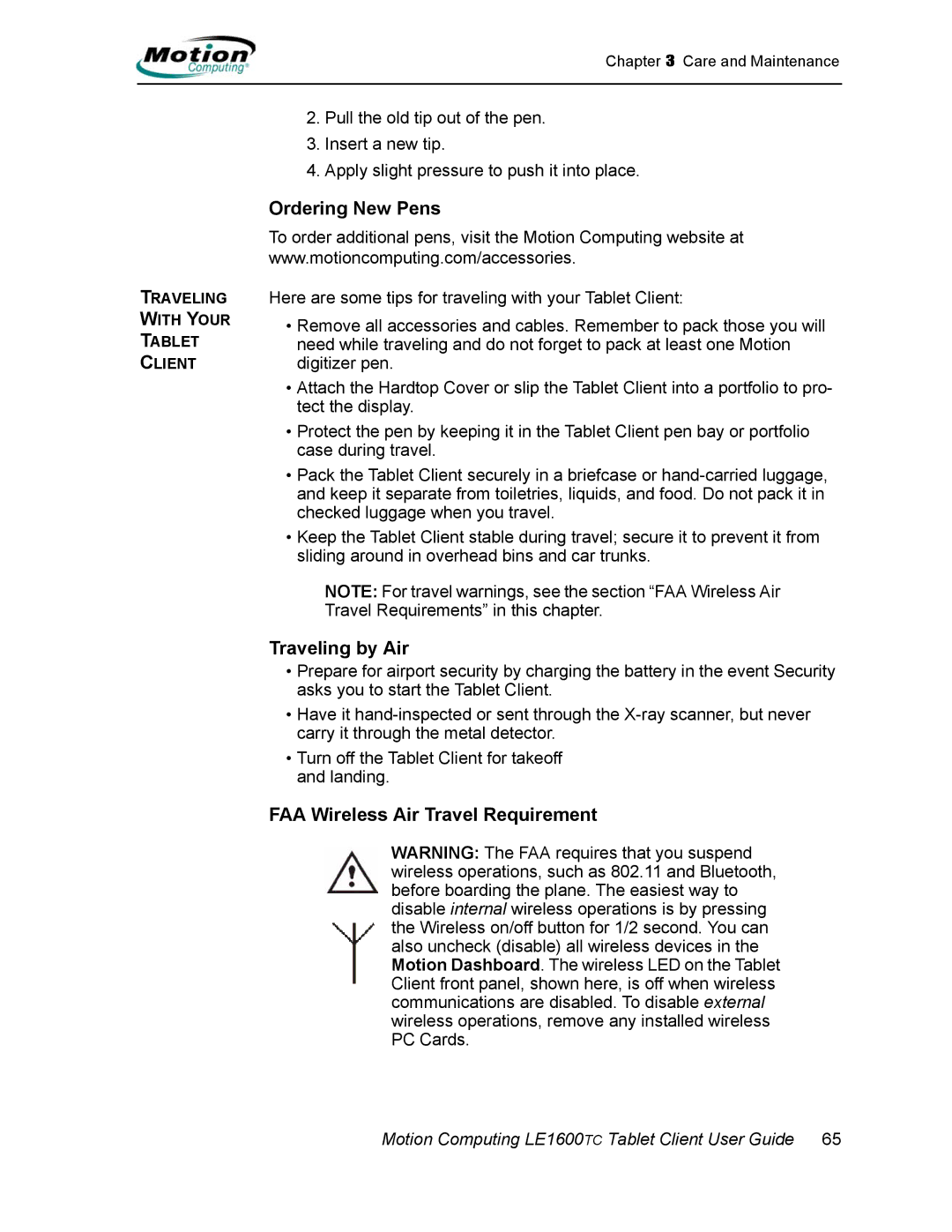 Motion Computing AB52242, LE1600TC manual Ordering New Pens, Traveling by Air, FAA Wireless Air Travel Requirement 