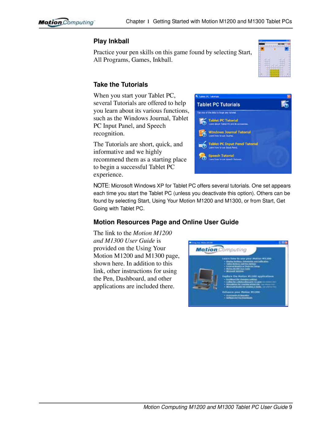 Motion Computing M1200, M1300 manual Play Inkball, Take the Tutorials, Motion Resources Page and Online User Guide 