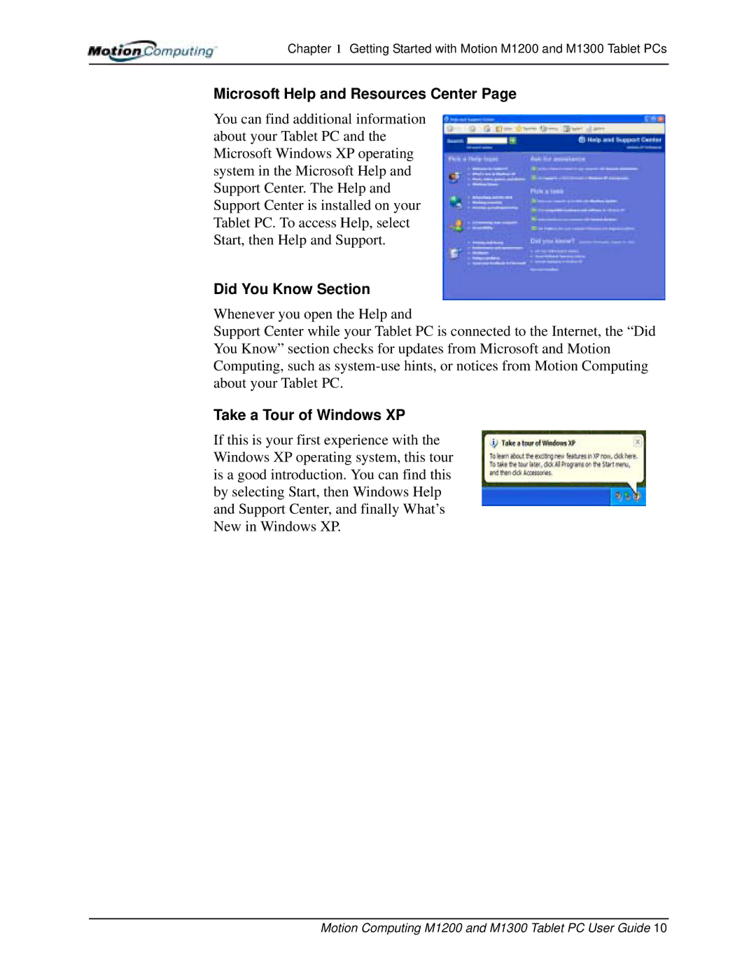 Motion Computing M1300, M1200 manual Microsoft Help and Resources Center, Did You Know Section, Take a Tour of Windows XP 