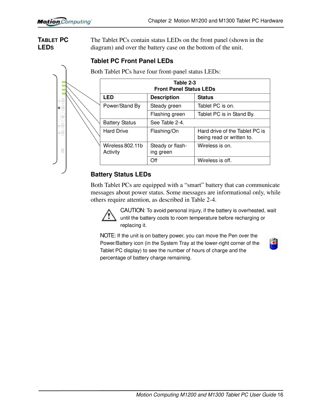 Motion Computing M1300, M1200 manual Tablet PC Front Panel LEDs, Battery Status LEDs 