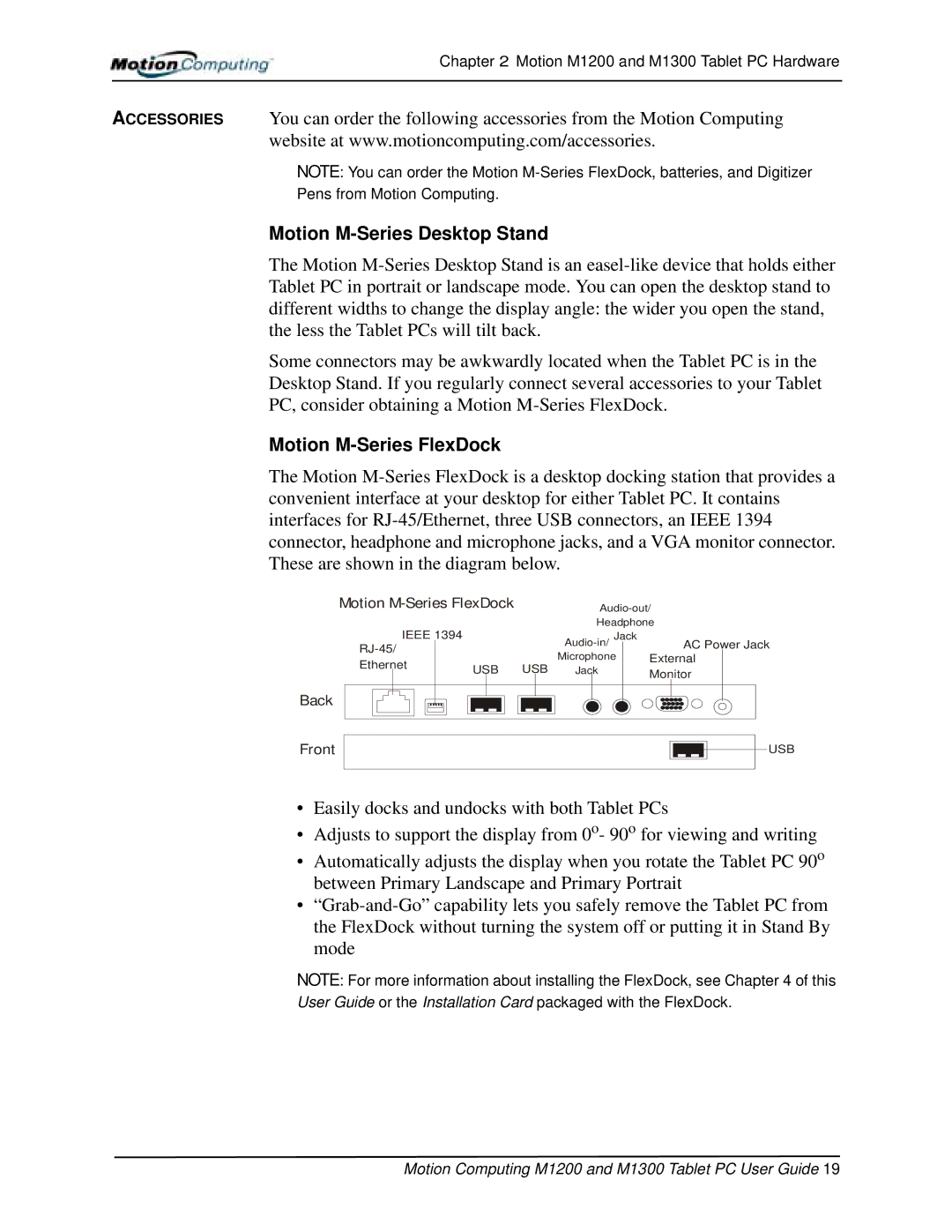 Motion Computing M1200, M1300 manual Motion M-Series Desktop Stand, Motion M-Series FlexDock 