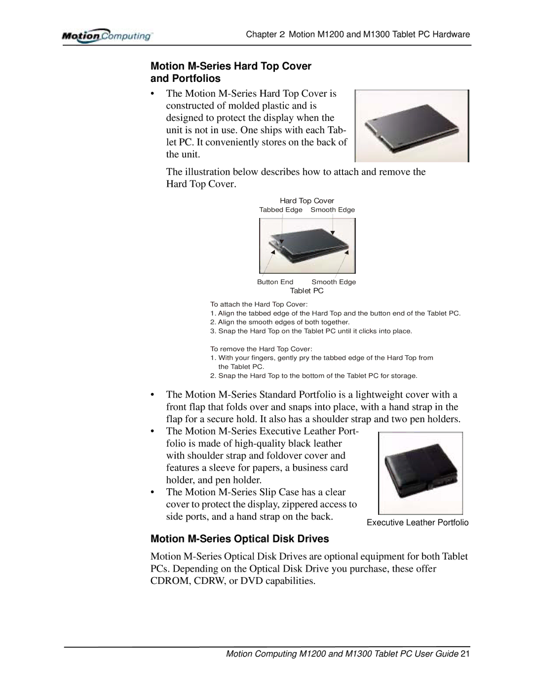 Motion Computing M1200, M1300 manual Motion M-Series Hard Top Cover Portfolios, Motion M-Series Optical Disk Drives 