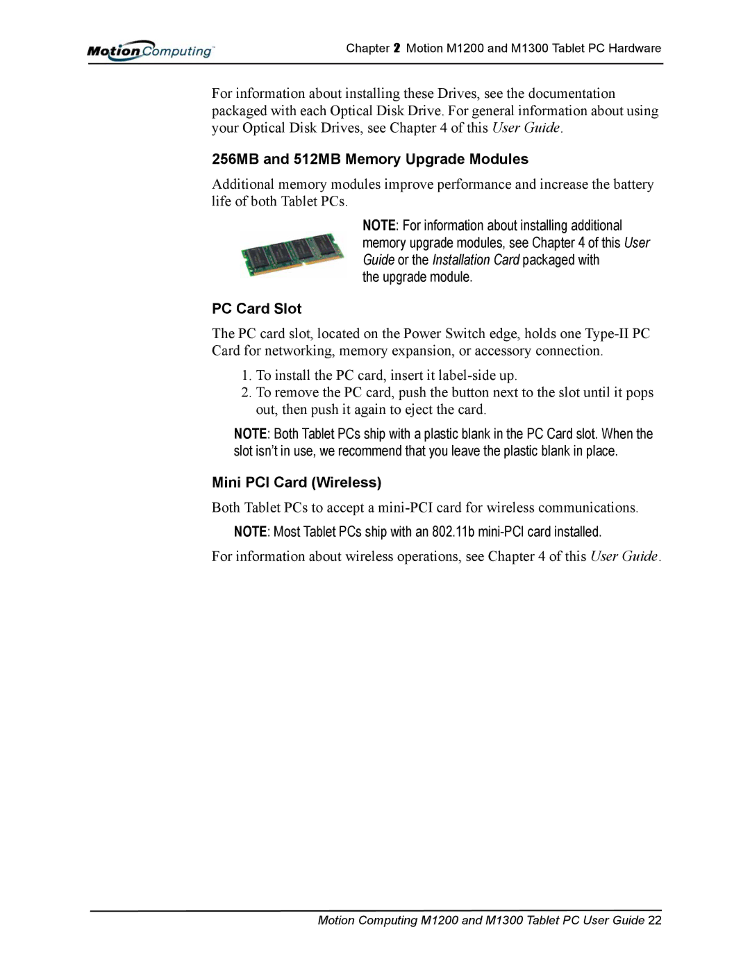 Motion Computing M1300, M1200 manual 256MB and 512MB Memory Upgrade Modules, PC Card Slot, Mini PCI Card Wireless 