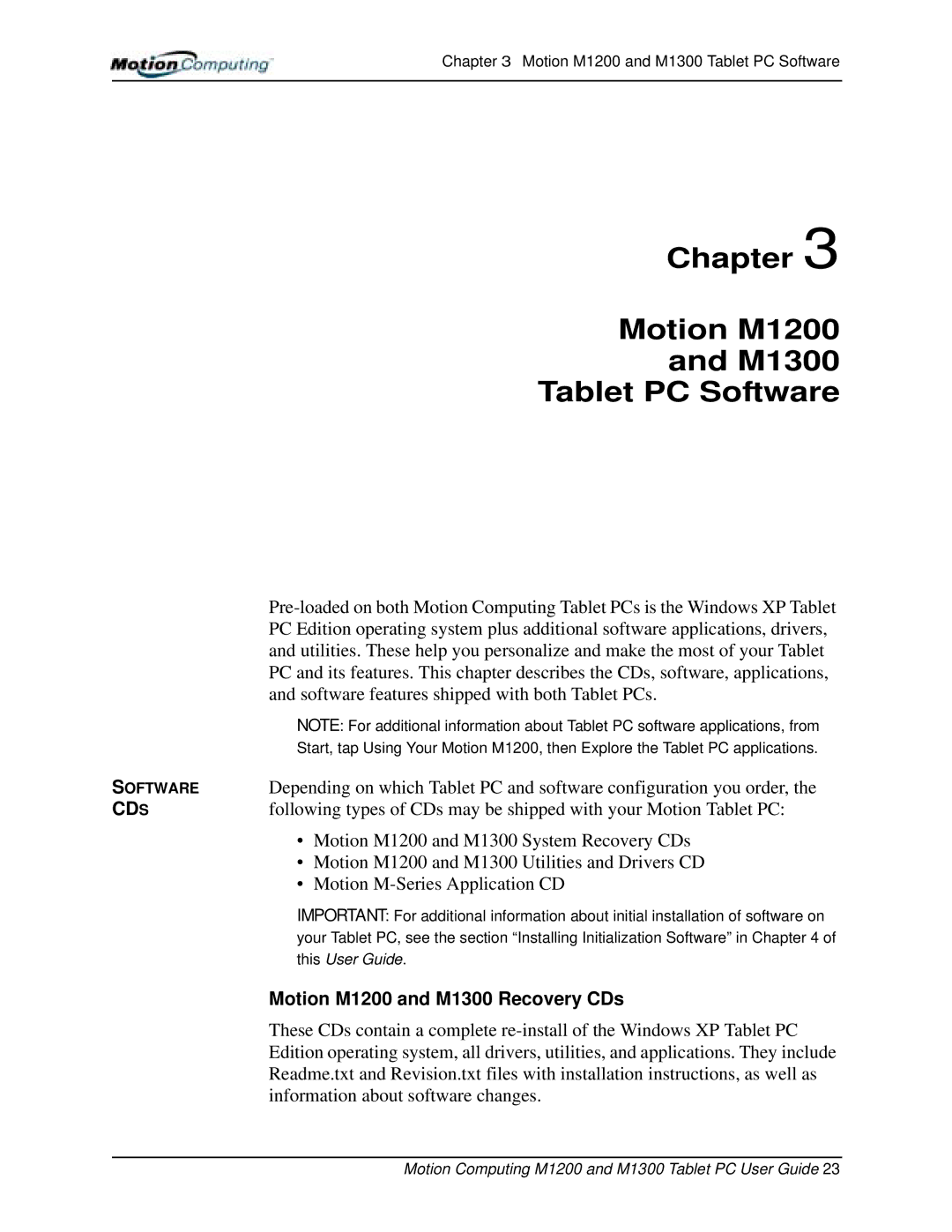 Motion Computing manual Chapter Motion M1200 M1300 Tablet PC Software, Motion M1200 and M1300 Recovery CDs 