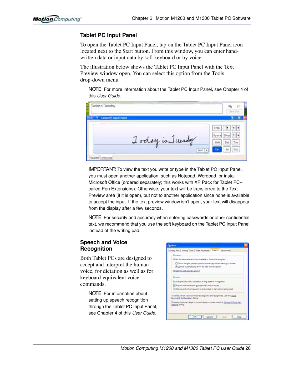 Motion Computing M1300, M1200 manual Tablet PC Input Panel, Speech and Voice Recognition 