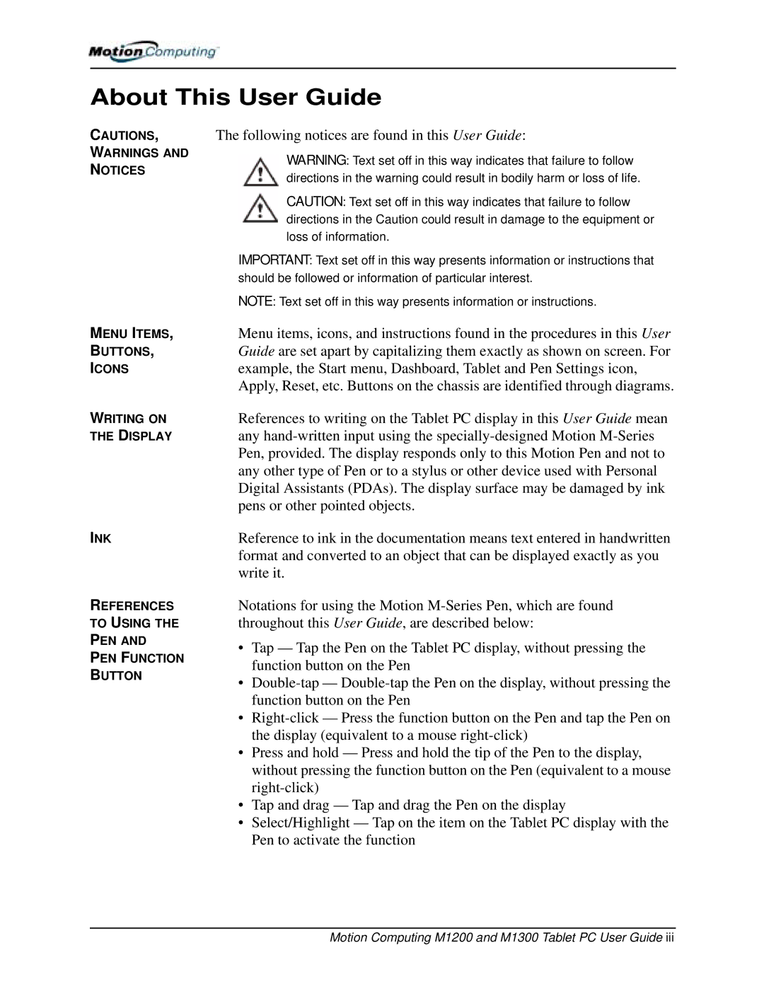 Motion Computing M1300, M1200 manual About This User Guide 