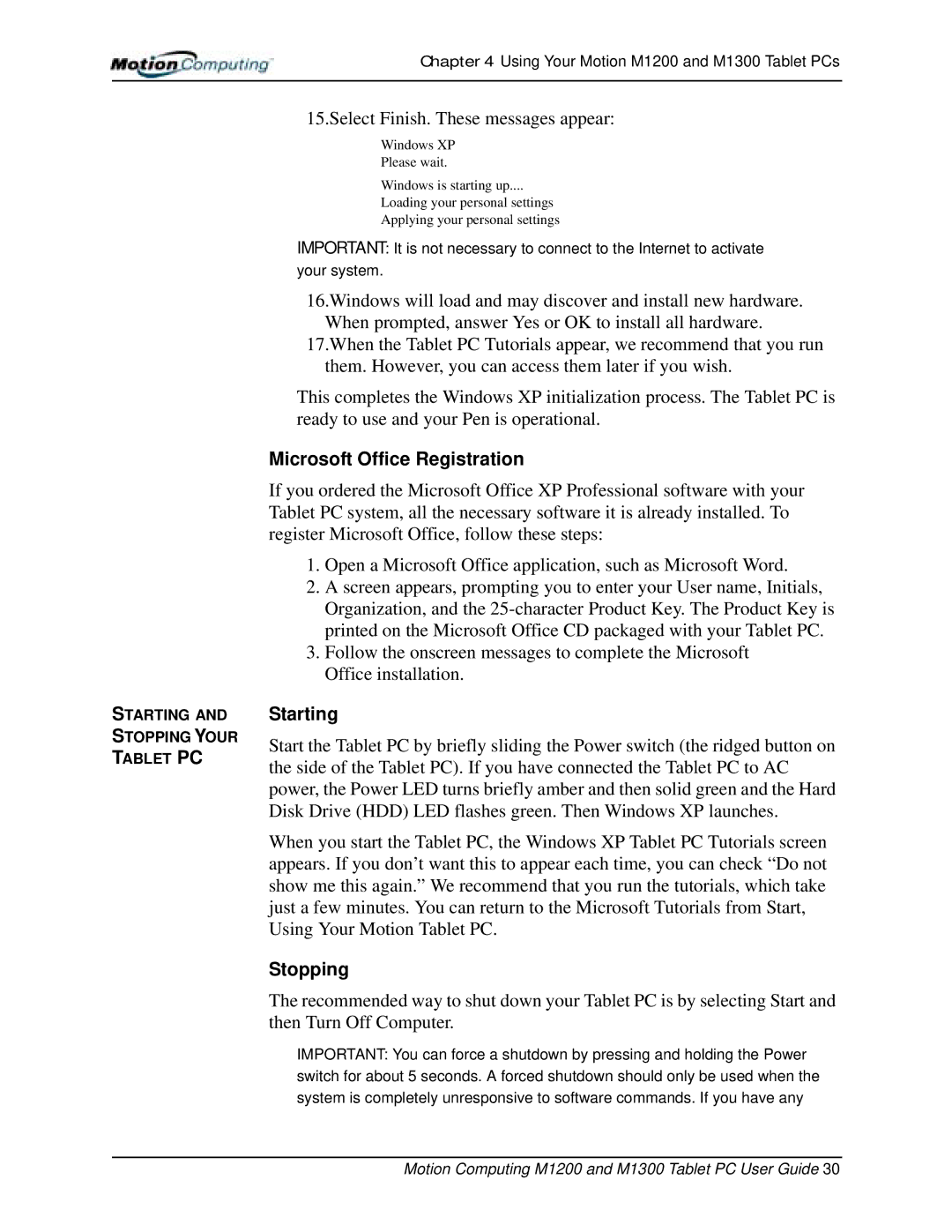 Motion Computing M1300, M1200 manual Microsoft Office Registration, Starting, Stopping 