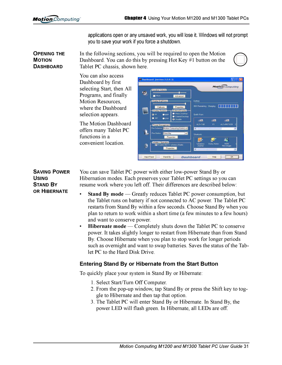 Motion Computing M1200, M1300 manual Entering Stand By or Hibernate from the Start Button 