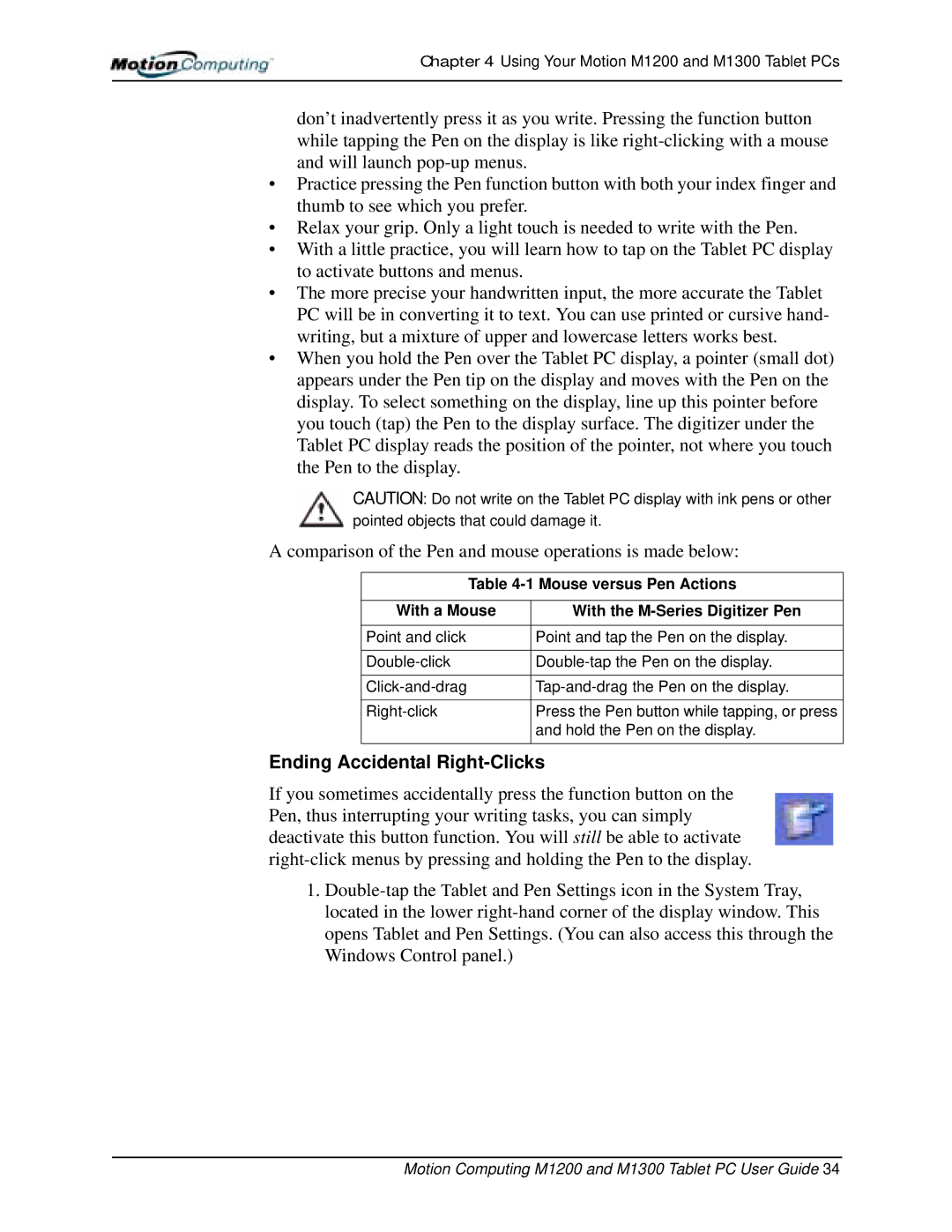 Motion Computing M1300, M1200 manual Ending Accidental Right-Clicks 