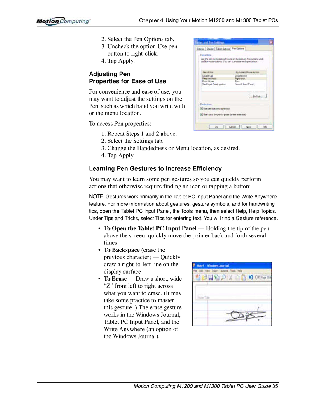 Motion Computing M1200, M1300 manual Adjusting Pen Properties for Ease of Use, Learning Pen Gestures to Increase Efficiency 