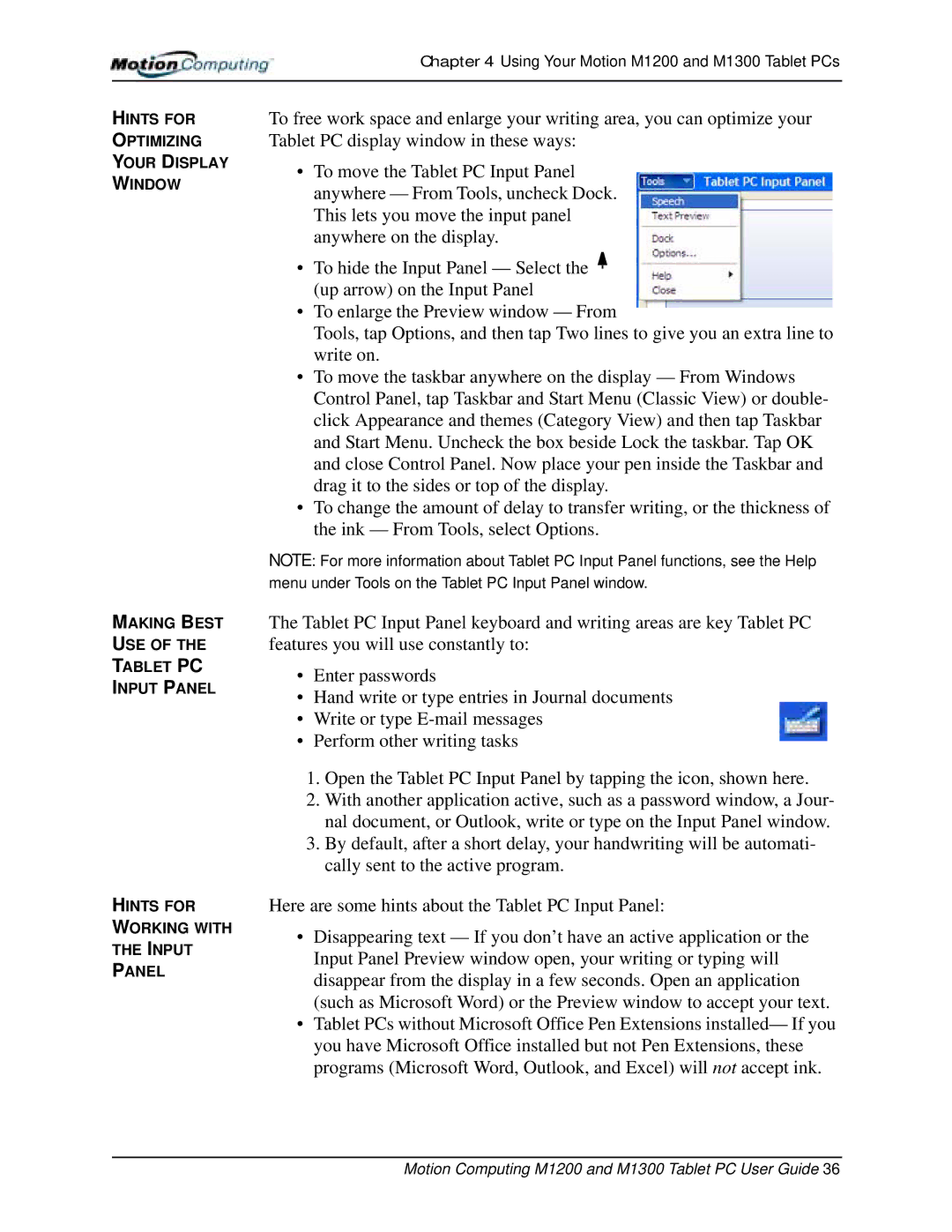 Motion Computing manual Motion Computing M1200 and M1300 Tablet PC User Guide 