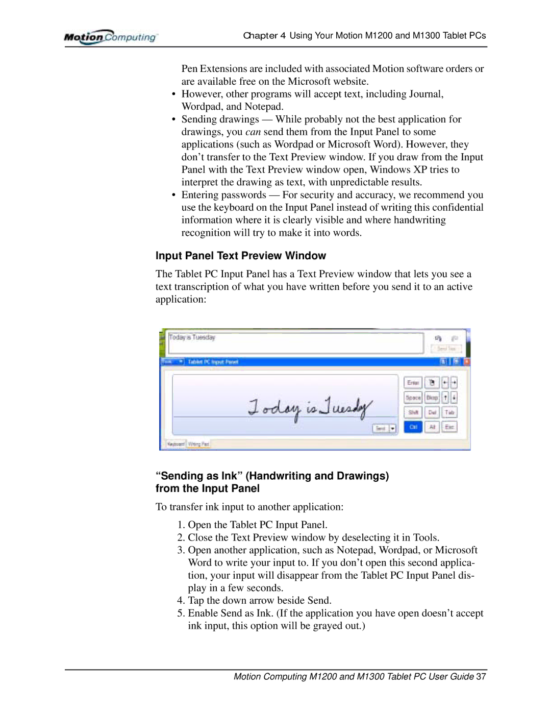 Motion Computing M1200 manual Input Panel Text Preview Window, Sending as Ink Handwriting and Drawings from the Input Panel 