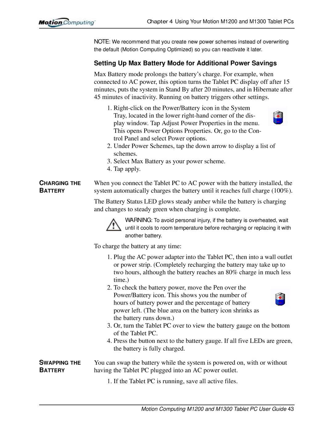 Motion Computing M1200, M1300 manual Setting Up Max Battery Mode for Additional Power Savings, Another battery 