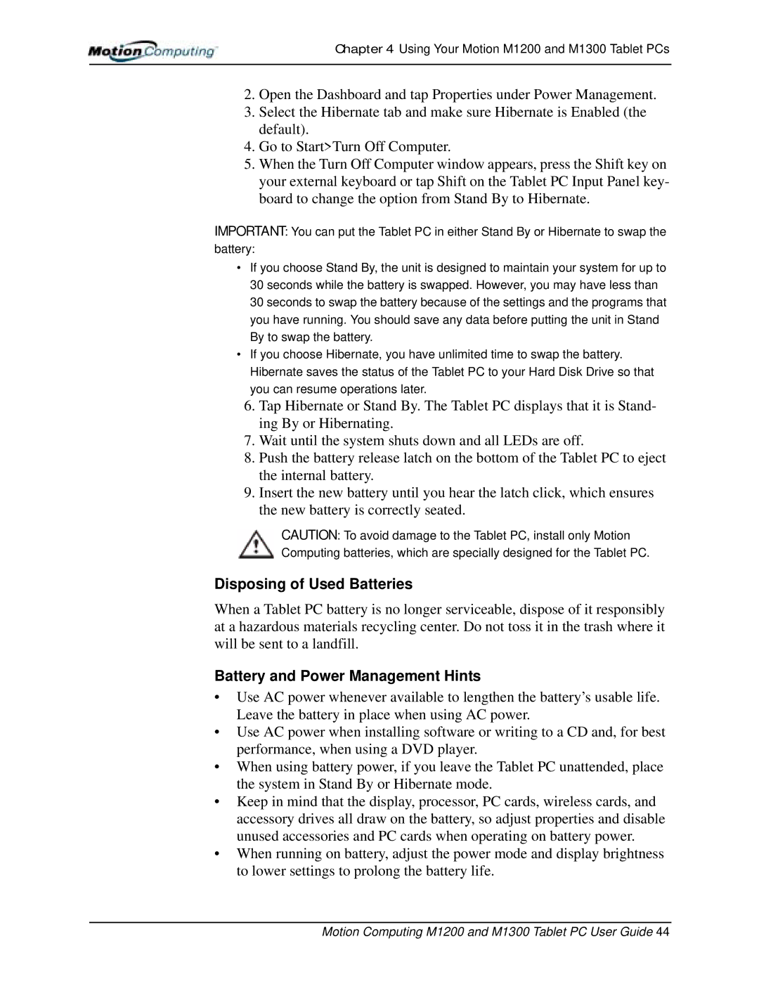 Motion Computing M1300, M1200 manual Disposing of Used Batteries, Battery and Power Management Hints 