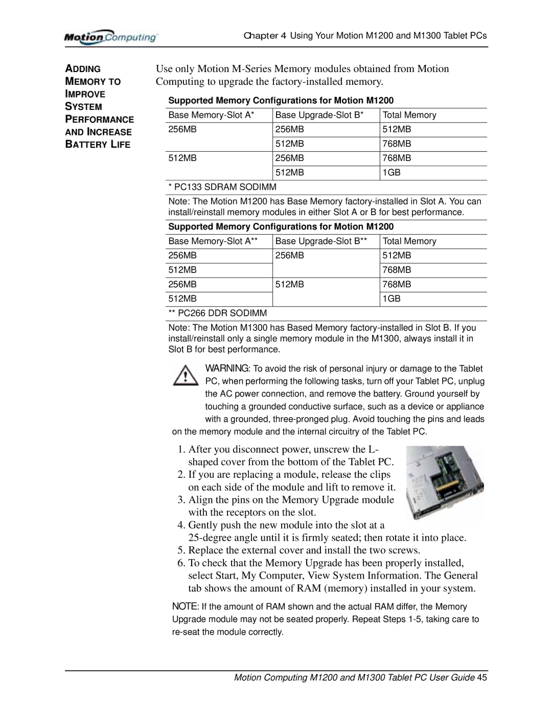 Motion Computing M1300 manual Supported Memory Configurations for Motion M1200 