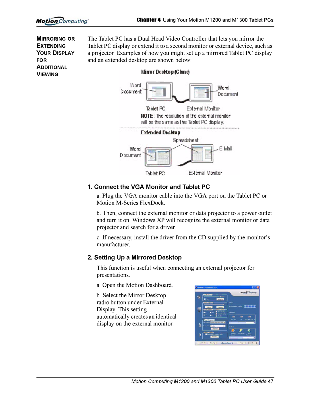 Motion Computing M1200, M1300 manual Connect the VGA Monitor and Tablet PC, Setting Up a Mirrored Desktop 