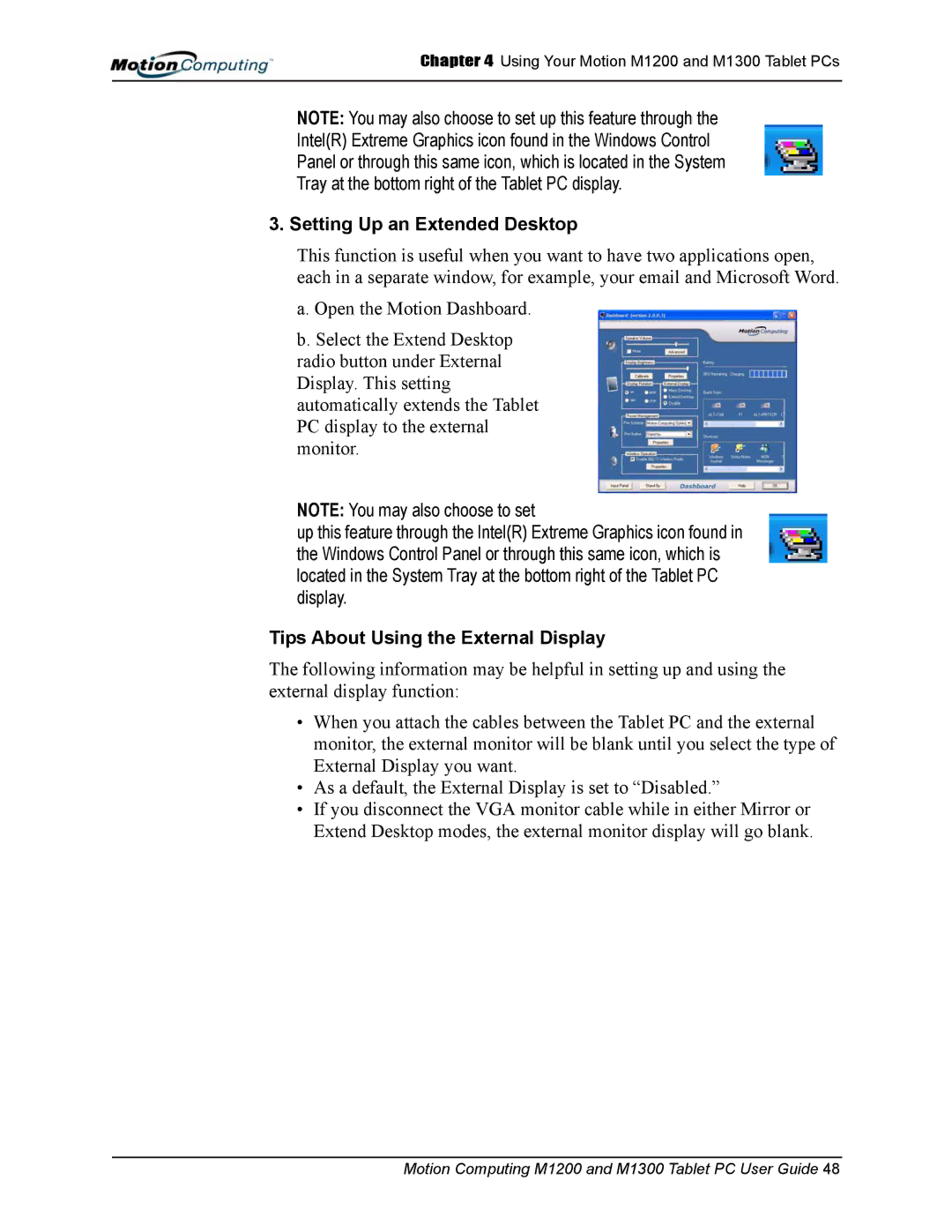 Motion Computing M1300, M1200 manual Setting Up an Extended Desktop, Tips About Using the External Display 