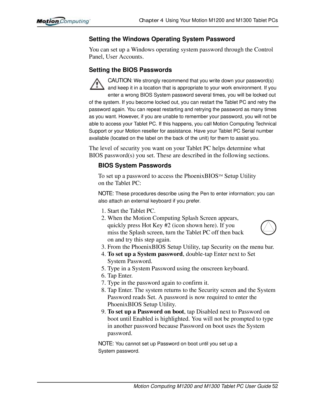 Motion Computing M1300 Setting the Windows Operating System Password, Setting the Bios Passwords, Bios System Passwords 