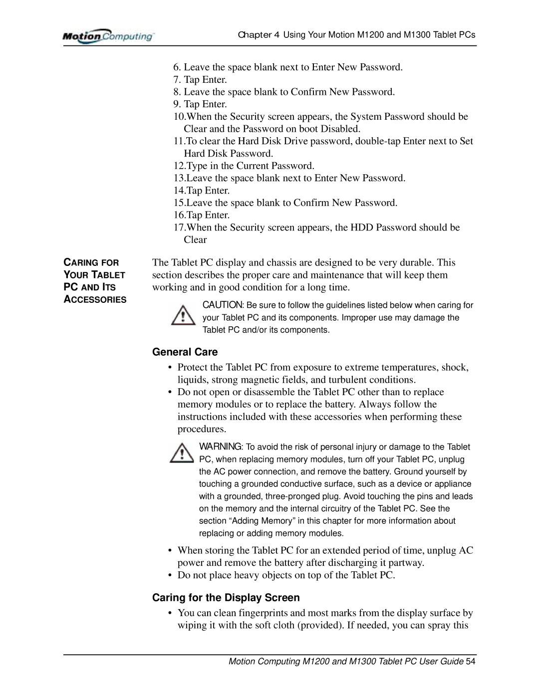 Motion Computing M1300, M1200 manual General Care, Caring for the Display Screen 